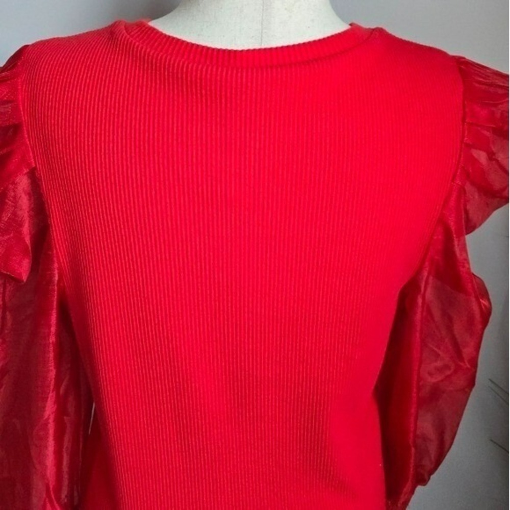 Anthropologie NEW Dolan Organza Red Puff Sleeve Top Blouse SZ XL Dark Coquette - Picture 9 of 13